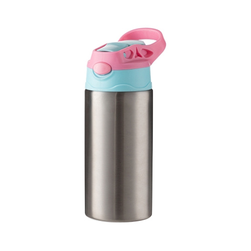 Botella de agua para niños de 360 ml hecha de acero Steel para sublimación - plateada con tapón de rosca azul-rosa