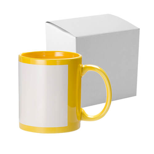 Taza amarilla 330 ml con marco blanco para sublimación con caja de cartón